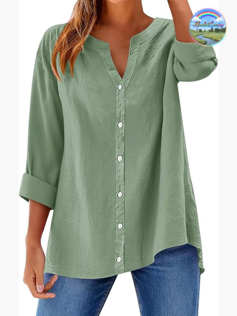Women's Cotton Linen Button Down Shirt Long Sleeve V-Neck Loose Blouse